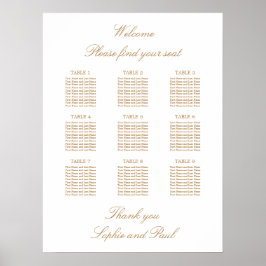 White Golden Beige 9 Tabelle Wedding Seating Chart Poster