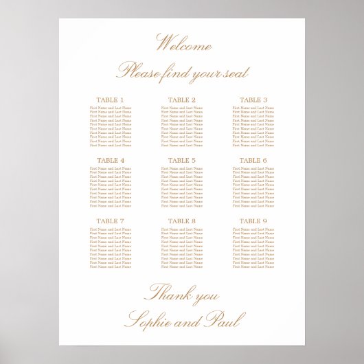 White Golden Beige 9 Tabelle Wedding Seating Chart Poster (Vorne)