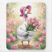 White Goose With Pink Tulips Mousepad (Vorne)