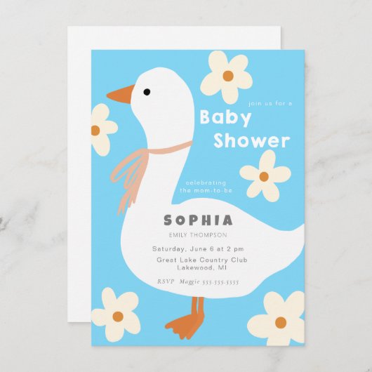White Gose and Daisies Baby Shower Einladung (Vorne/Hinten)