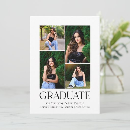 White Graduate Four Photo Collage Black Grad Party Einladung (Stehend Vorderseite)