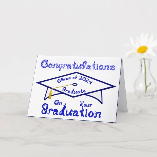 White Graduation Cap Blue Graduate Class 2024 Hat Karte (Kleine Pflanze)