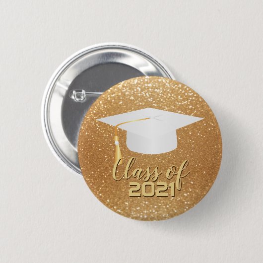 White Graduation Cap - Class of 20XX Gold Glitzer Button (Vorne & Hinten)