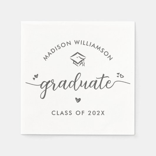 White Graduation Gray Script Hearts Cap Modern Fun Serviette (Vorderseite)
