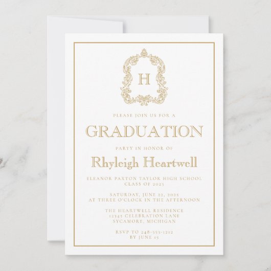 White Graduation Party für das Gold Monogram Wappe Einladung (Vorderseite)