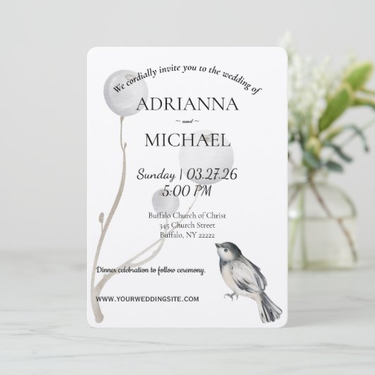 White, Gray, Bird Rustic Wedding Invitation Einladung (Stehend Vorderseite)