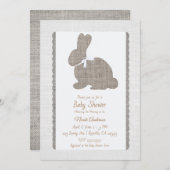 White Gray Burlap Rustic Bunny Oaster Baby Dusche Einladung (Vorne/Hinten)