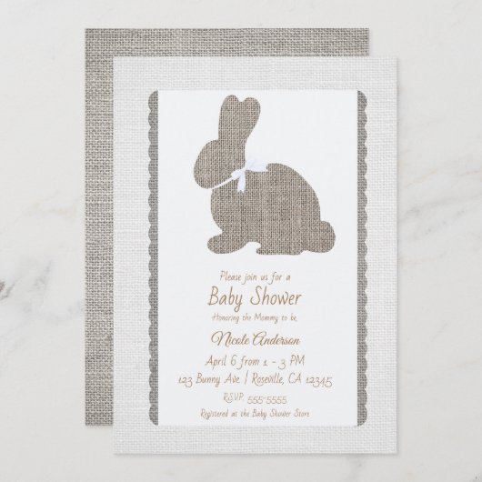 White Gray Burlap Rustic Bunny Oaster Baby Dusche Einladung (Vorne/Hinten)