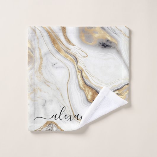 White Gray Gold Marmor Elegante Modernes Glam Badhandtuch Set (Waschlappen)