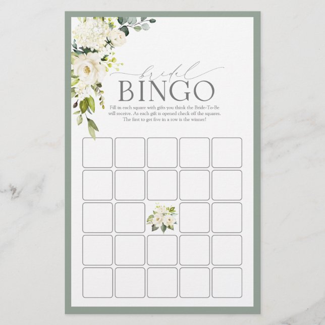 White Gray Green Watercolor Bridal Bingo Game (Vorderseite)