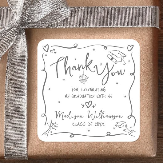 White Gray Hand Drawn Doodle Graduation Thank You Quadratischer Aufkleber