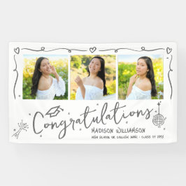 White Gray Hand Drawn Doodles Graduation 3 Photo Banner