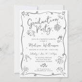 White Gray Hand Drawn Doodles Graduation Fun Party Einladung (Vorderseite)