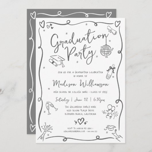 White Gray Hand Drawn Doodles Graduation Fun Party Einladung (Vorne/Hinten)