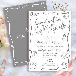 White Gray Hand Drawn Doodles Graduation Fun Party Einladung