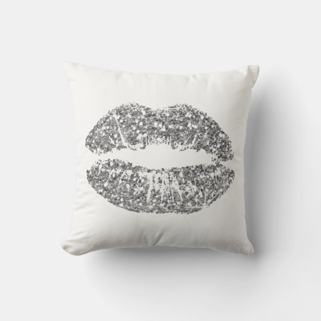 White Gray Silver Glitzer Kiss Lips Funkelnd Kissen (Vorderseite)
