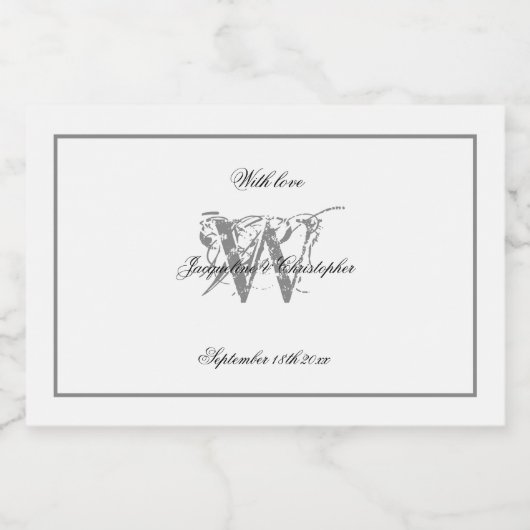 White & Gray Stilvolle Hochzeit Elegant Monogram M Alkoholflaschenetikett (Einzelnes Label)