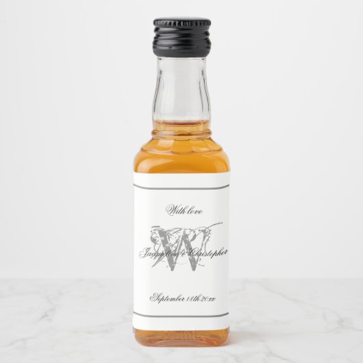 White & Gray Stilvolle Hochzeit Elegant Monogram M Alkoholflaschenetikett (Vorderseite)