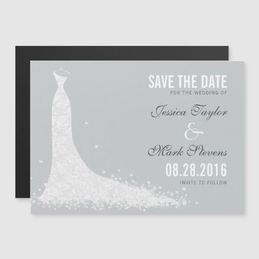 White & GrayLace Hochzeitskleid Save the Date Magneteinladung (Vorne/Hinten)