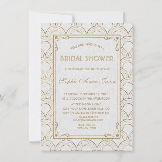 White Great Art Deco Gold Brautparty Einladung (Vorderseite)