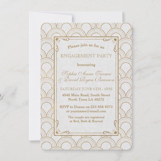 White Great Gatsby Art Deco Gold Engagement Party Einladung (Vorderseite)