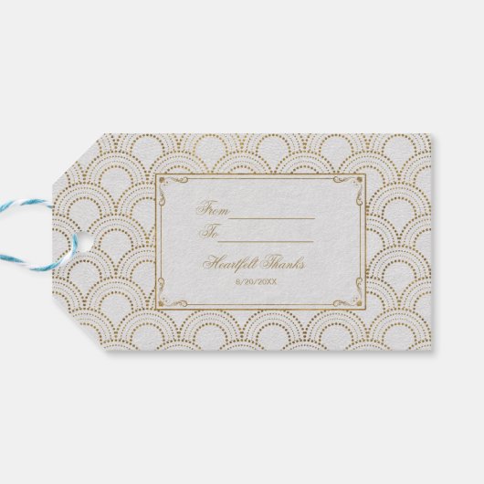 White Great Gatsby Art Deco Gold Hochzeit Geschenkanhänger (Rückseite Horizontal)
