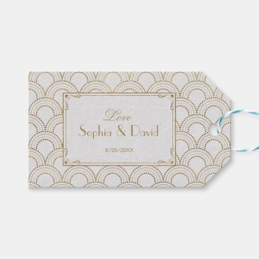 White Great Gatsby Art Deco Gold Hochzeit Geschenkanhänger (Vorderseite (Horizontal))