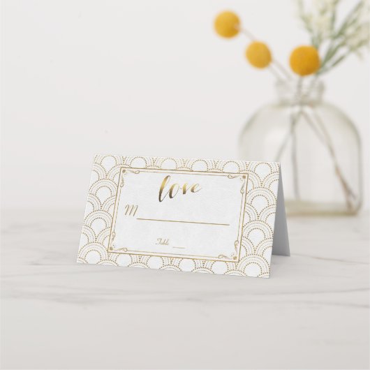White Great Gatsby Art Deco Gold Hochzeit Platzkarte (Rückseite)