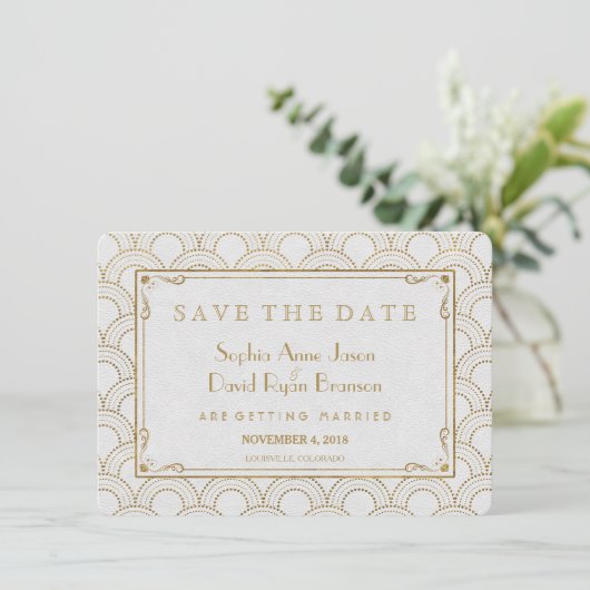 White Great Gatsby Art Deco Gold Save the Date (Stehend Vorderseite)