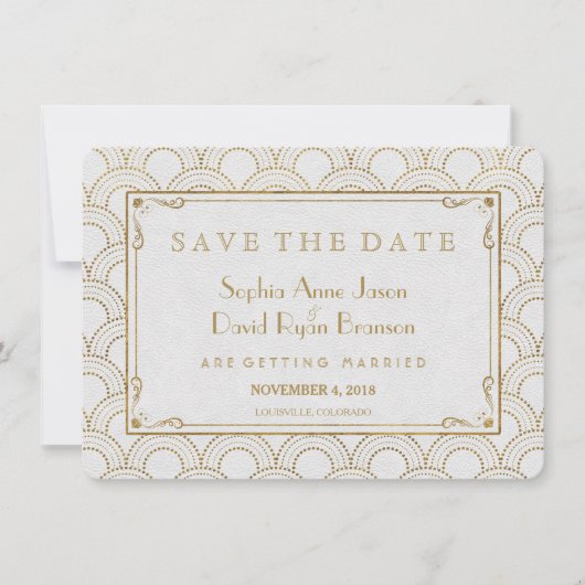 White Great Gatsby Art Deco Gold Save the Date (Vorderseite)