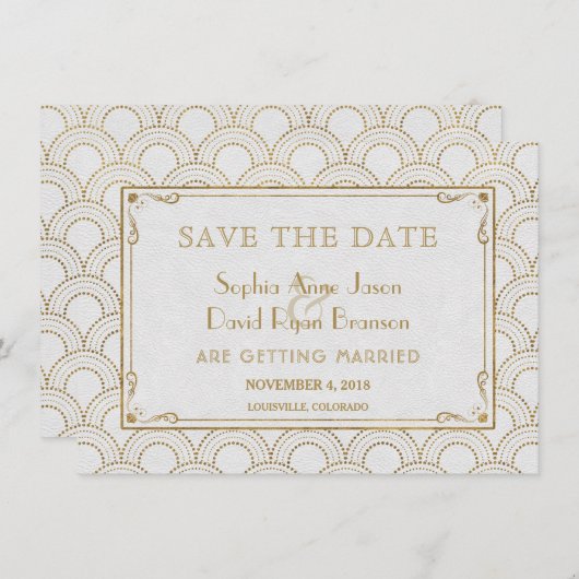White Great Gatsby Art Deco Gold Save the Date (Vorne/Hinten)