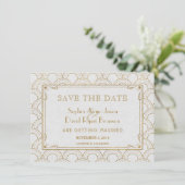 White Great Gatsby Art Deco Gold Save the Date (Stehend Vorderseite)