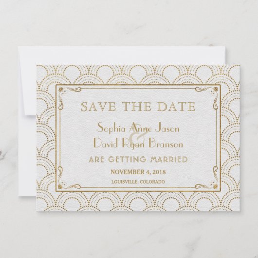 White Great Gatsby Art Deco Gold Save the Date (Vorderseite)