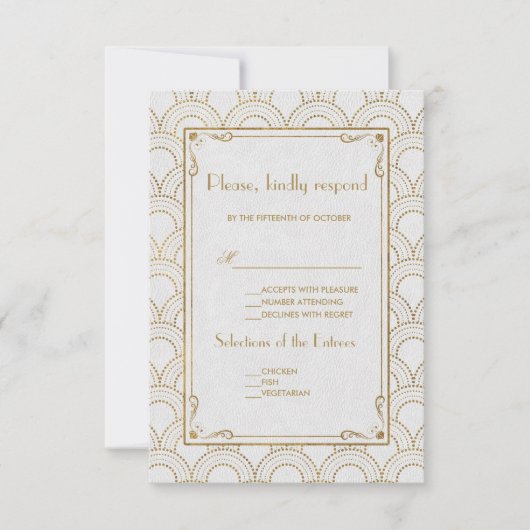 White Great Gatsby Art Deco Gold Wedding RSVP (Vorderseite)