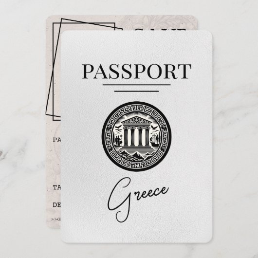 White Greece Passport Save the Date Karte (Vorne/Hinten)