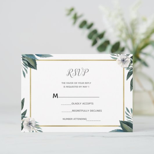 White Green Blätter Anemone Floral UAWG Reply RSVP Karte (Stehend Vorderseite)