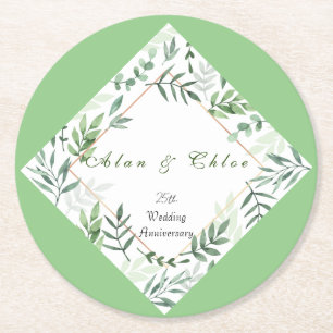 White Green Botanical 25. Wedding Paper Untersetze Runder Pappuntersetzer