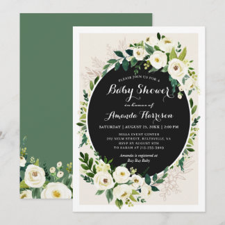 White Green Bouquet Floral Neutral Baby Dusche Einladung