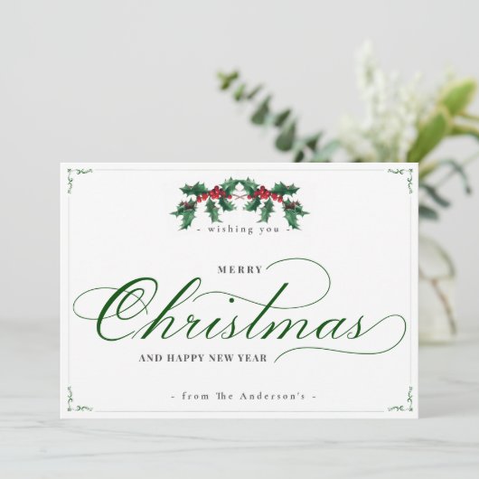 White Green Classic Frohe Weihnachts-Neujahrskarte (Stehend Vorderseite)
