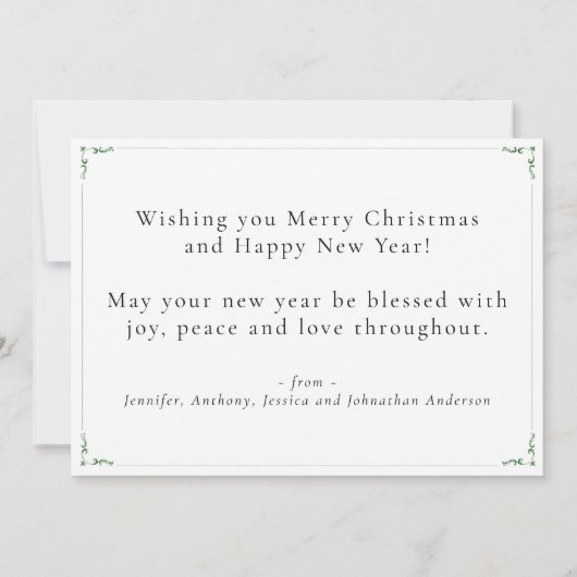 White Green Classic Frohe Weihnachts-Neujahrskarte (Rückseite)