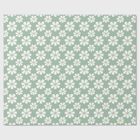 White Green Daisy Pattern  Geschenkpapier (Flach)