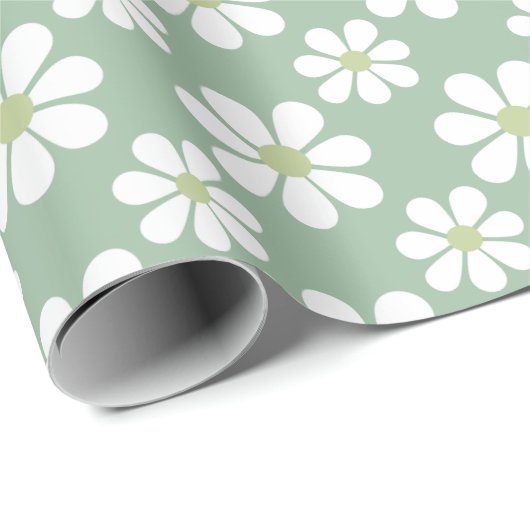 White Green Daisy Pattern  Geschenkpapier (Rolleneckpunkt)