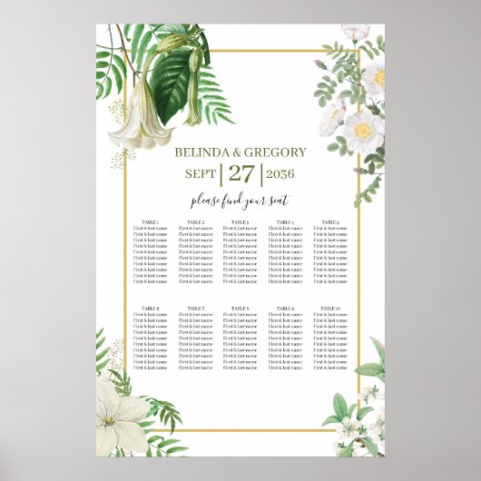 White Green Floral Gold Hochzeitstabelle Poster (Vorne)