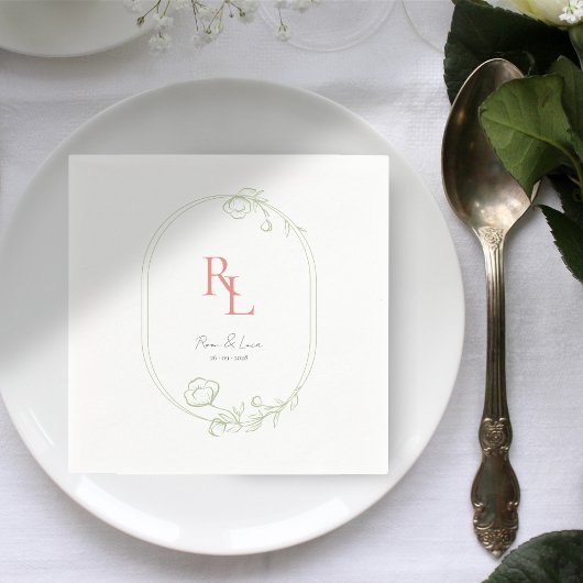White Green Floral Monogram Wedding Napkins Serviette