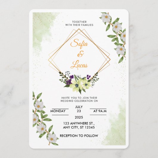 White & Green Floral Watercolor Wedding Invitation Einladung (Vorderseite)