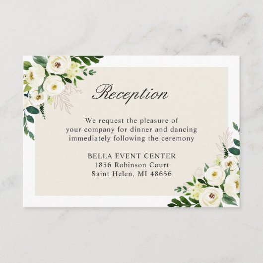 White Green Floral Wedding Details Empfang Begleitkarte (Vorderseite)