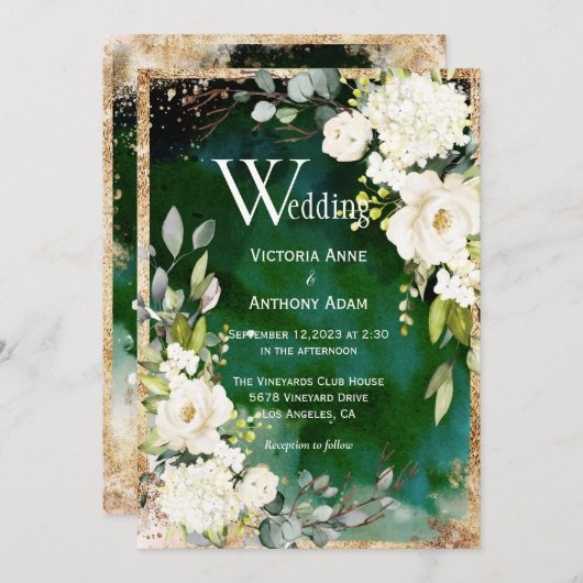 White Green Gold Rustic Floral Wedding Einladung (Vorne/Hinten)