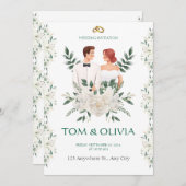 White & Green Minimalist Floral Wedding Invitation Einladung (Vorne/Hinten)