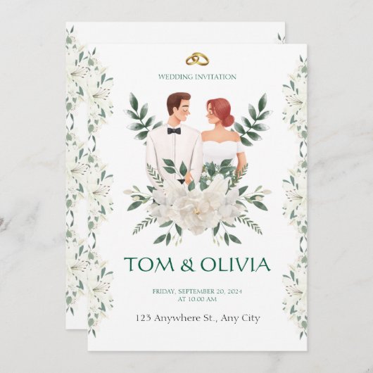 White & Green Minimalist Floral Wedding Invitation Einladung (Vorne/Hinten)