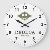 White Green Monogram Crest Luxury Gift Große Wanduhr (Vorderseite)